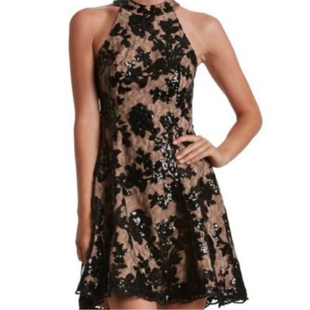 Dress the Population Black Floral Sequin Lace Mini Dress on Nude